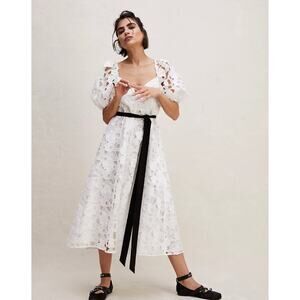 For Love & Lemons Marlene Midi Dress White Lace Black Tie Belt Size Small NWT